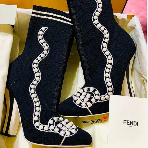 FENDI BOOTS TRONCHETTO FIL.3 WITH PEARLS 7.5 SIZE - Picture 1 of 14